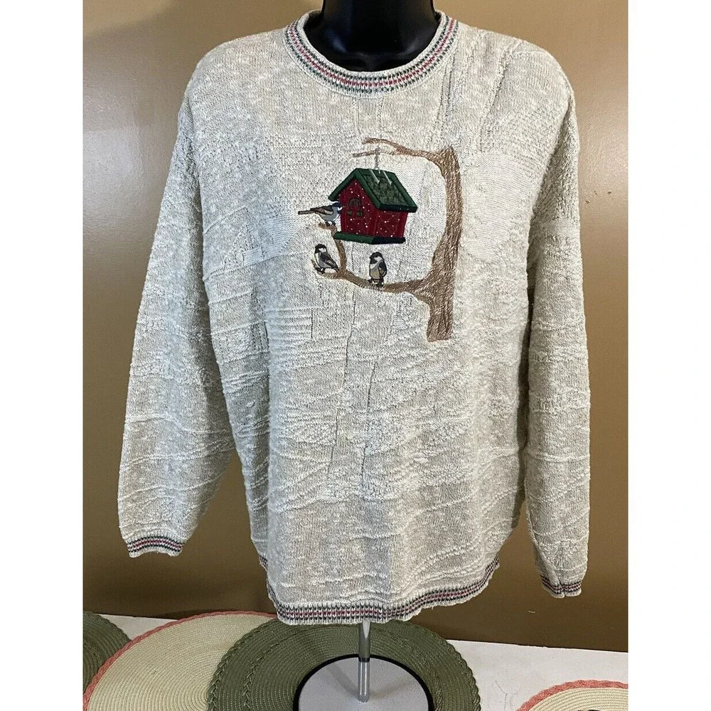 Vintage Jantzen USA Made Embroidered Bird/ House Women’s Woven Sweater Size L - Picture 1 of 16